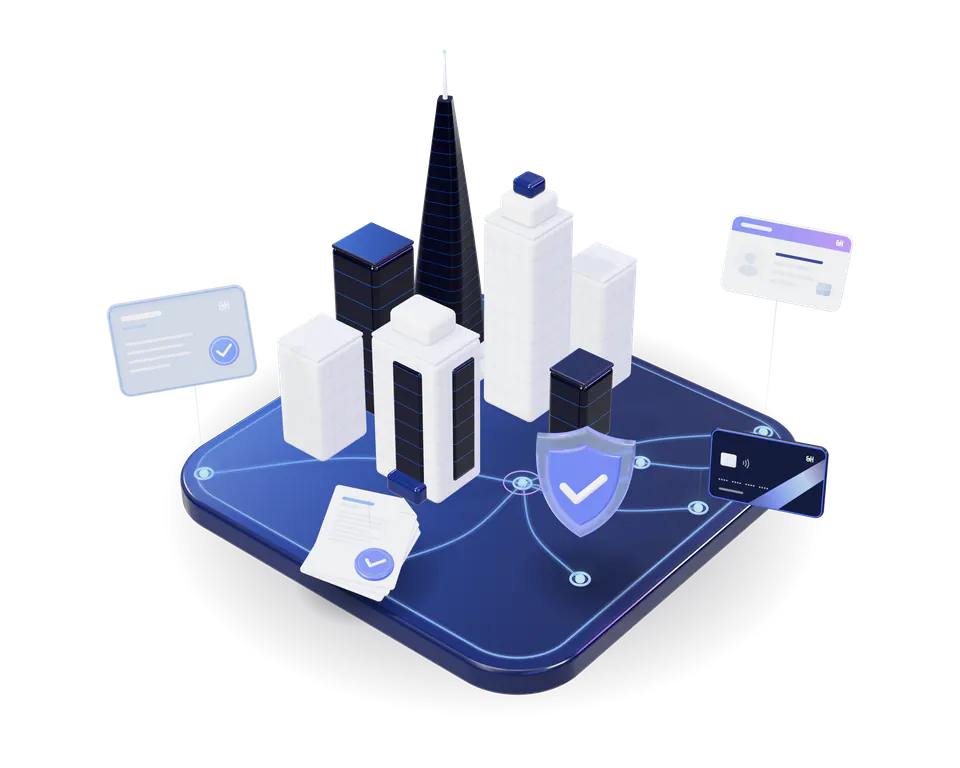 Illustration: a miniature UAE business district with a trade licence card, residency card, bank card, documents and a compliance shield connected by a service network